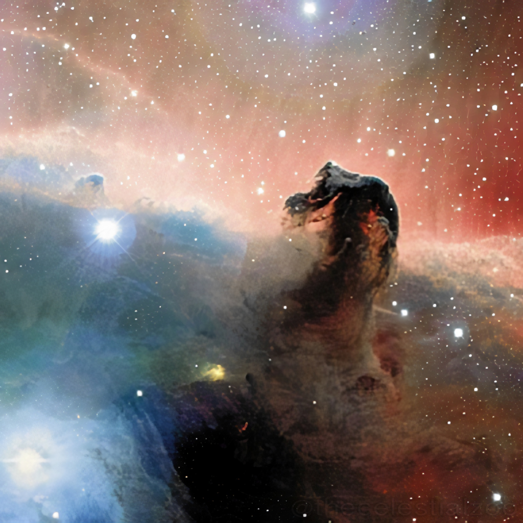Horsehead_nebula The Horsehead Nebula is a small dark nebula 1375 ly away in the constellation Orion (to the south of Alnitak) - Part of the Orion Molecular Cloud Complex where star formation is taking place - One of the most identifiable nebulae because of its resemblance to a horse's head